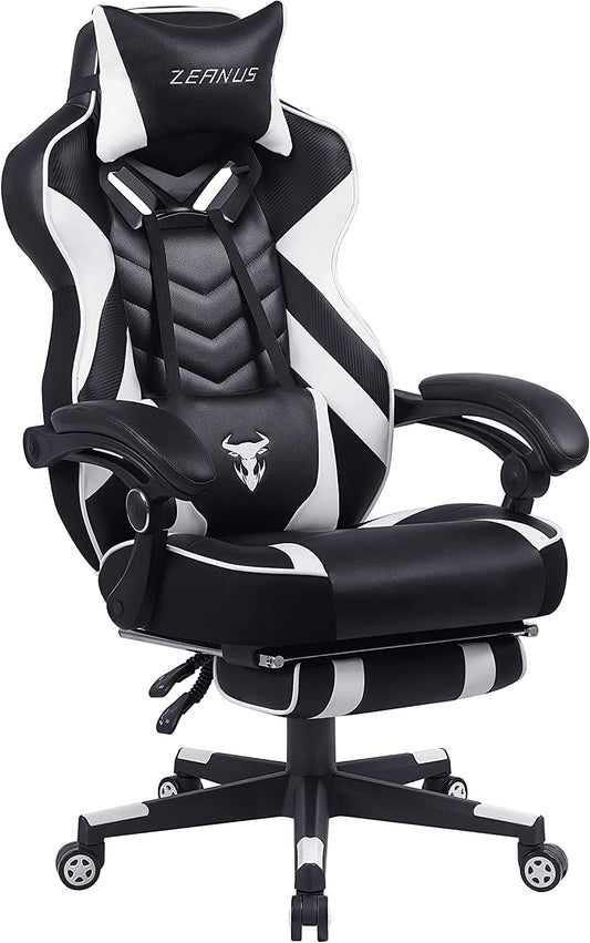 Ergonomic Gaming Chair with Footrest Recliner Computer Chair with Massage High Back Office Gamer Chair Big and Tall Racing Game Chair for Adults Chair for Gaming White/Black